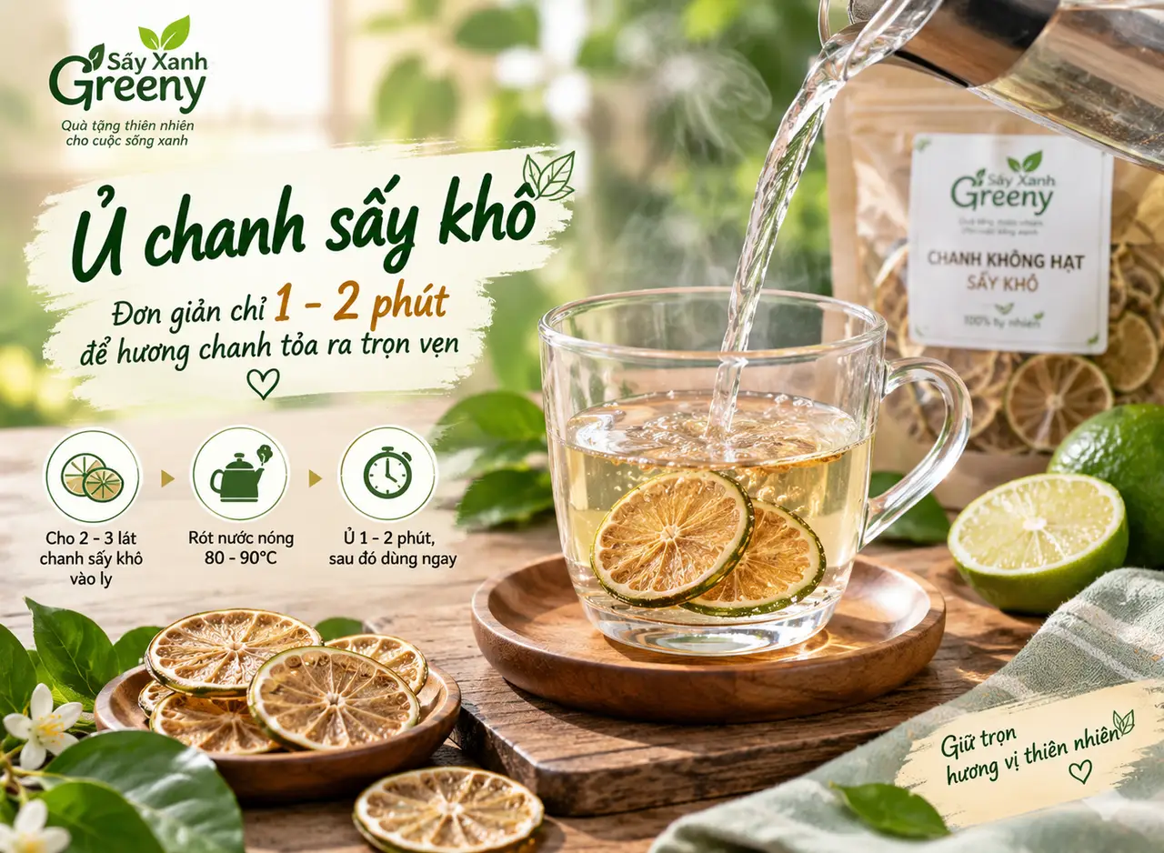 Ủ chanh kh&ocirc;ng hạt sấy kh&ocirc; với nước n&oacute;ng trước khi pha đồ uống